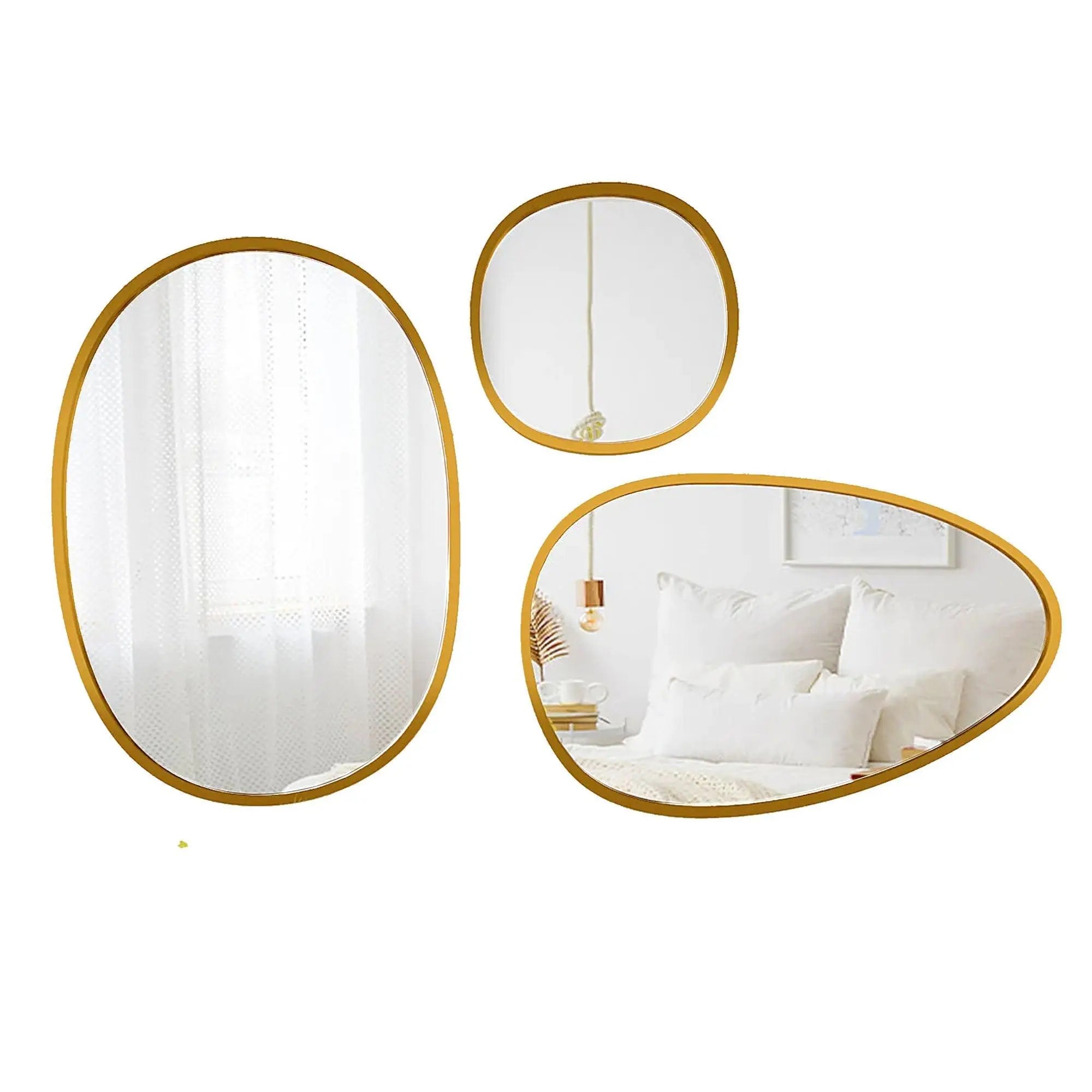 Modern Pebble Shaped Wall Mirrors Set of 3 with Golden Finish - Decor Mantra 