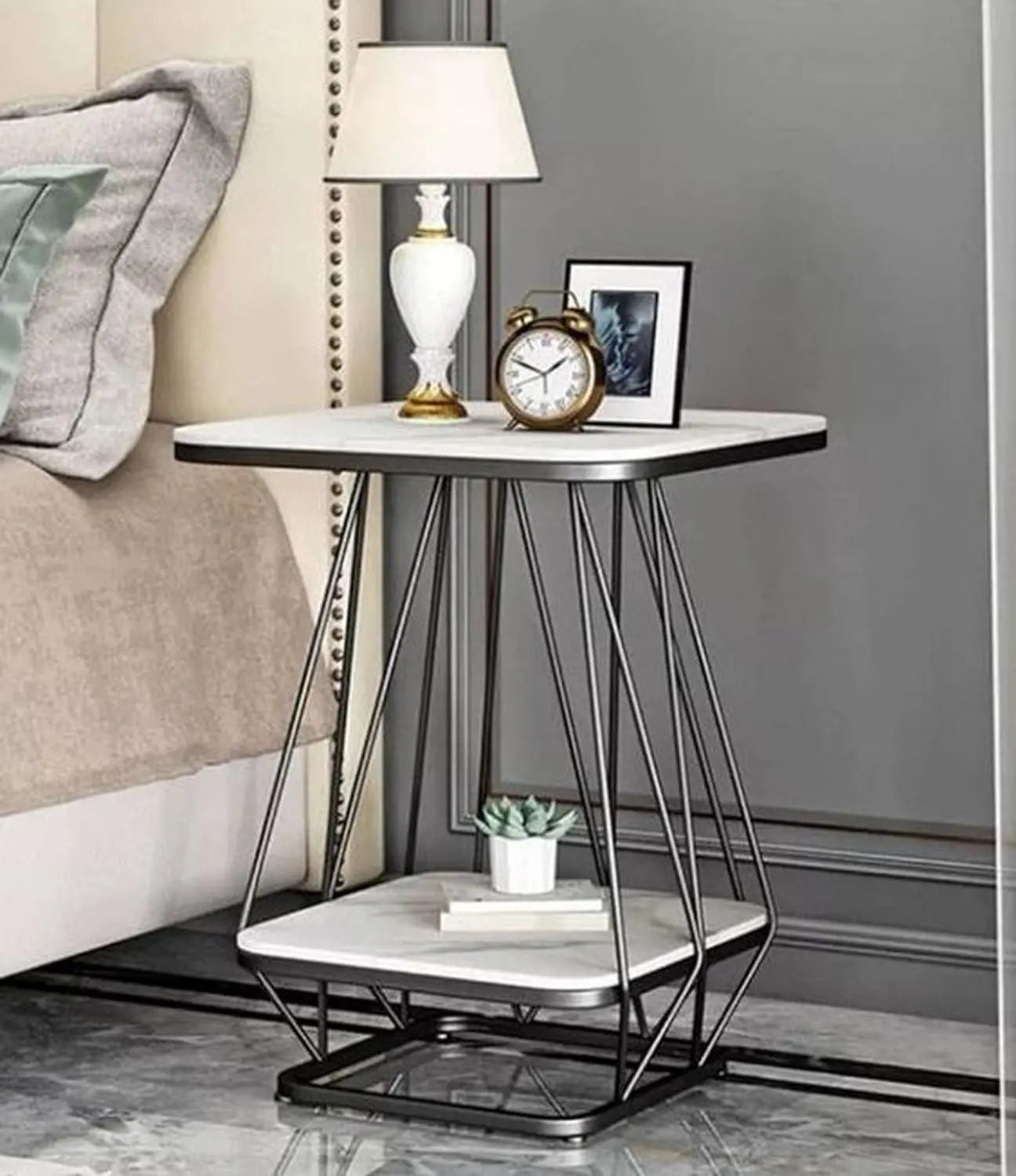 Modern Square Shaped Creative Artistic Black Metal Finish with White Marble - Decor Mantra 