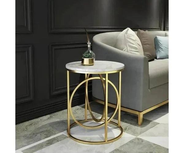 Modern White Marble Round Shaped Side Table with Golden Metallic Side - Decor Mantra 