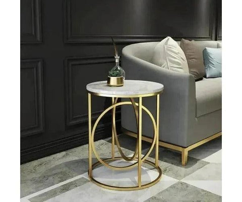 Modern White Marble Round Shaped Side Table with Golden Metallic Side - Decor Mantra 