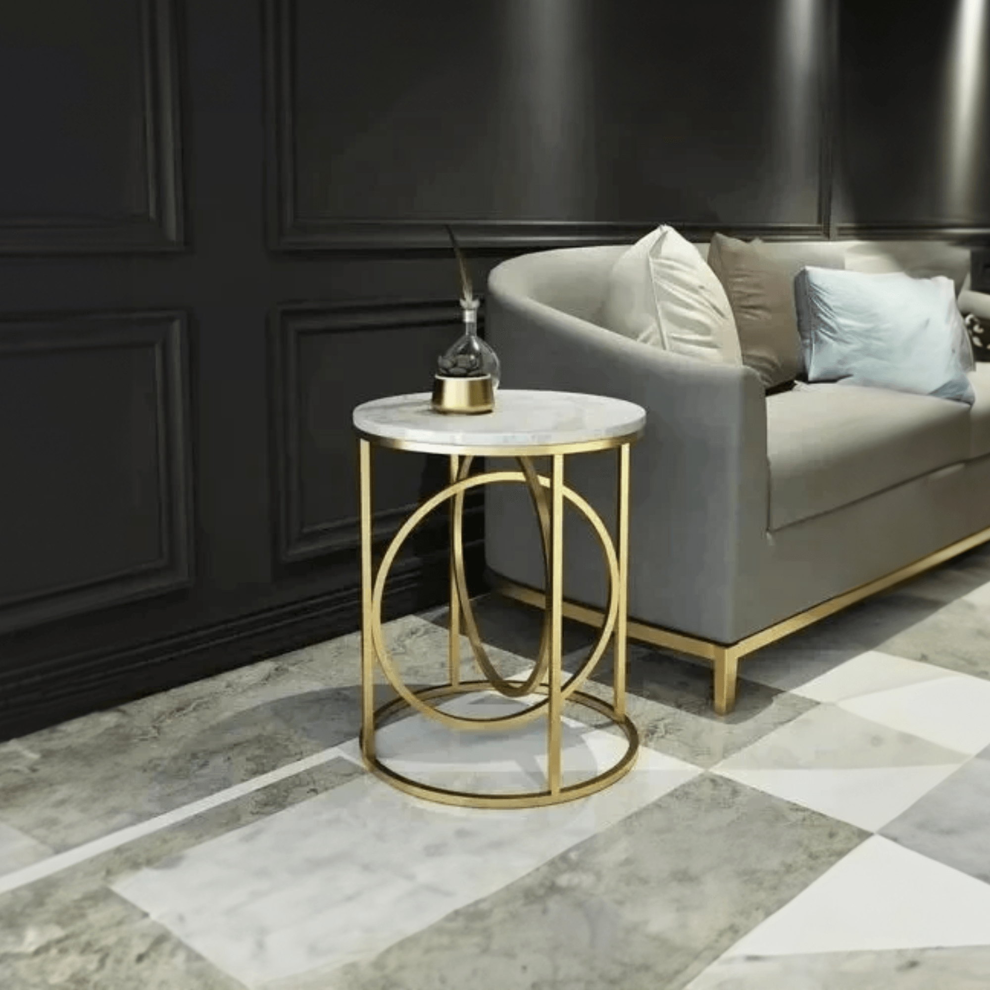 Modern White Marble Round Shaped Side Table with Golden Metallic Side - Decor Mantra 