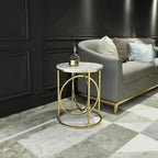 Modern White Marble Round Shaped Side Table with Golden Metallic Side - Decor Mantra 