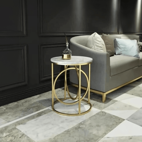 Modern White Marble Round Shaped Side Table with Golden Metallic Side - Decor Mantra 
