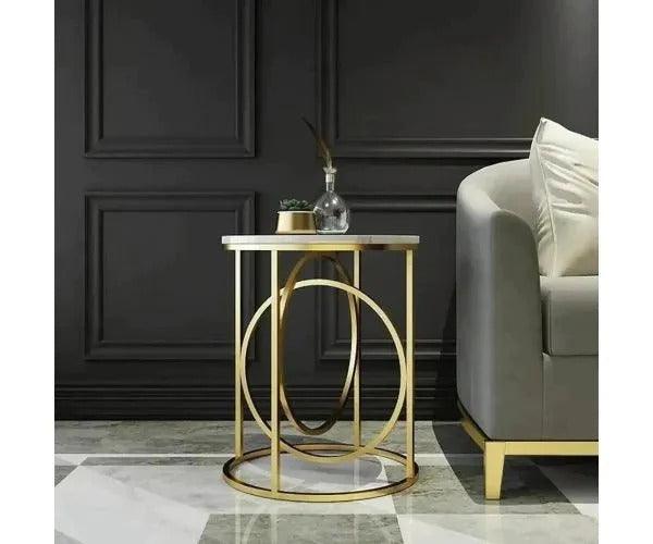 Modern White Marble Round Shaped Side Table with Golden Metallic Side - Decor Mantra 