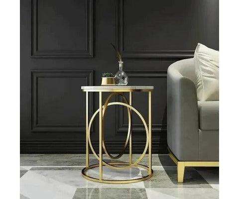 Modern White Marble Round Shaped Side Table with Golden Metallic Side - Decor Mantra 