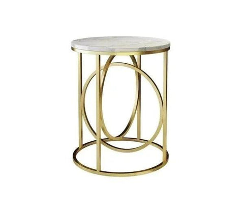 Modern White Marble Round Shaped Side Table with Golden Metallic Side - Decor Mantra 
