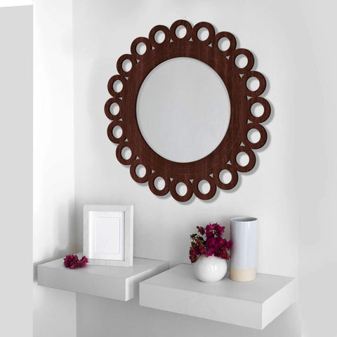 Motif Round Circular Design Art Wooden Wall Mirror - Decor Mantra 