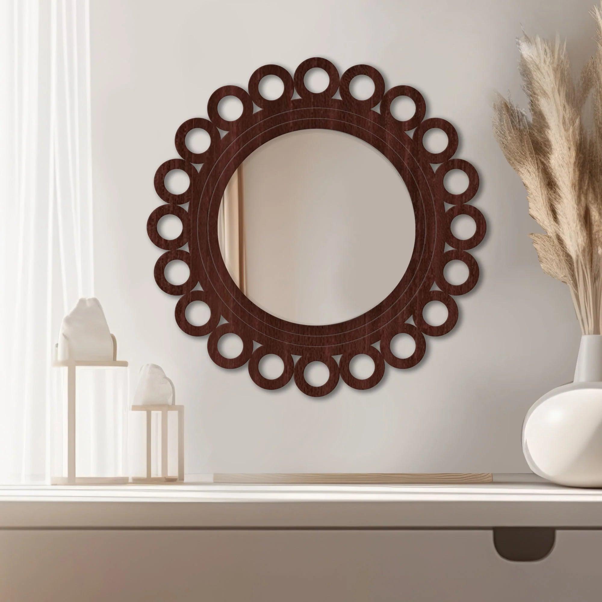 Motif Round Circular Design Art Wooden Wall Mirror - Decor Mantra 