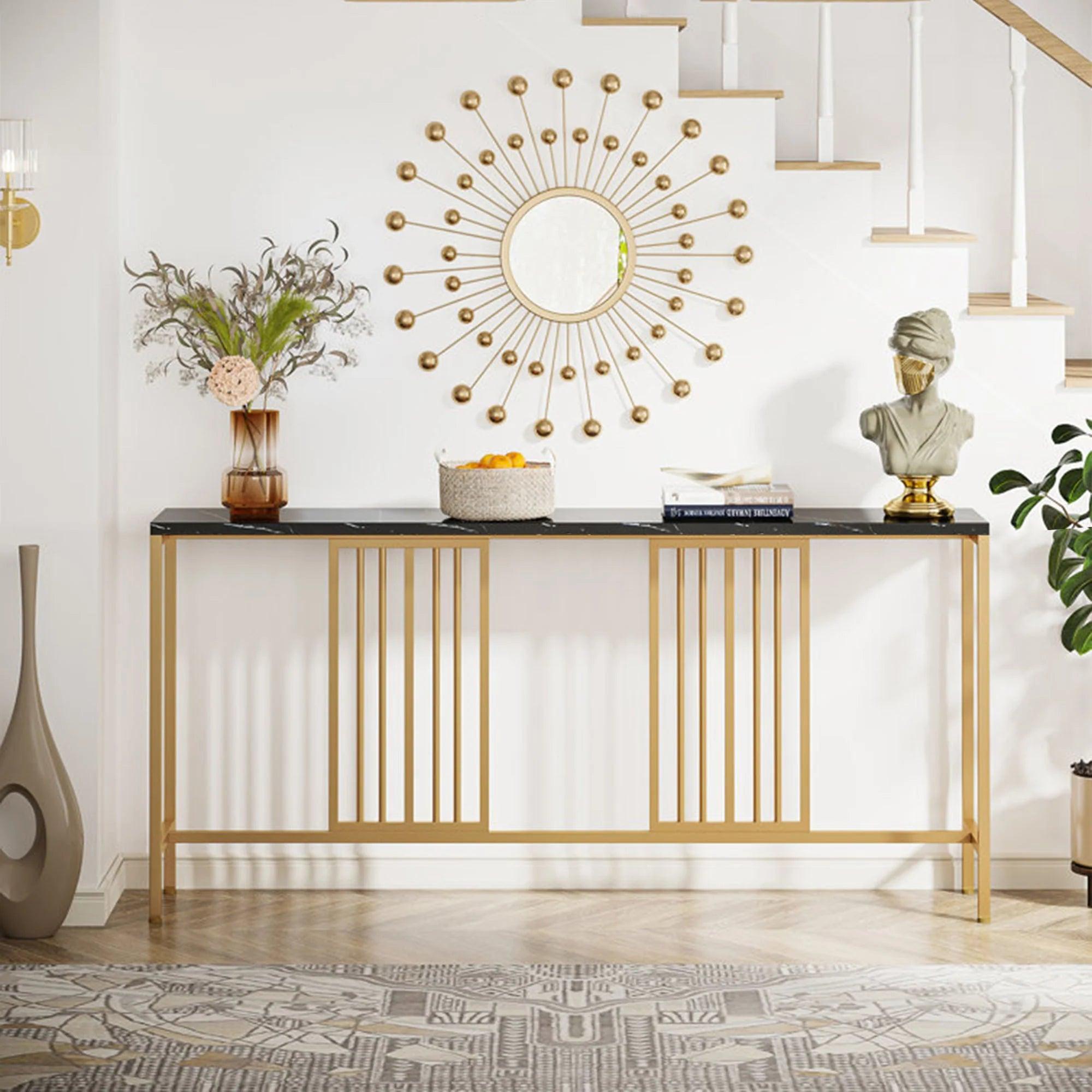 Narrow Long Faux Black Marble Gold Console Table - Decor Mantra 