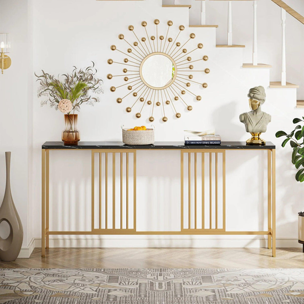 Narrow Long Faux Black Marble Gold Console Table - Decor Mantra 