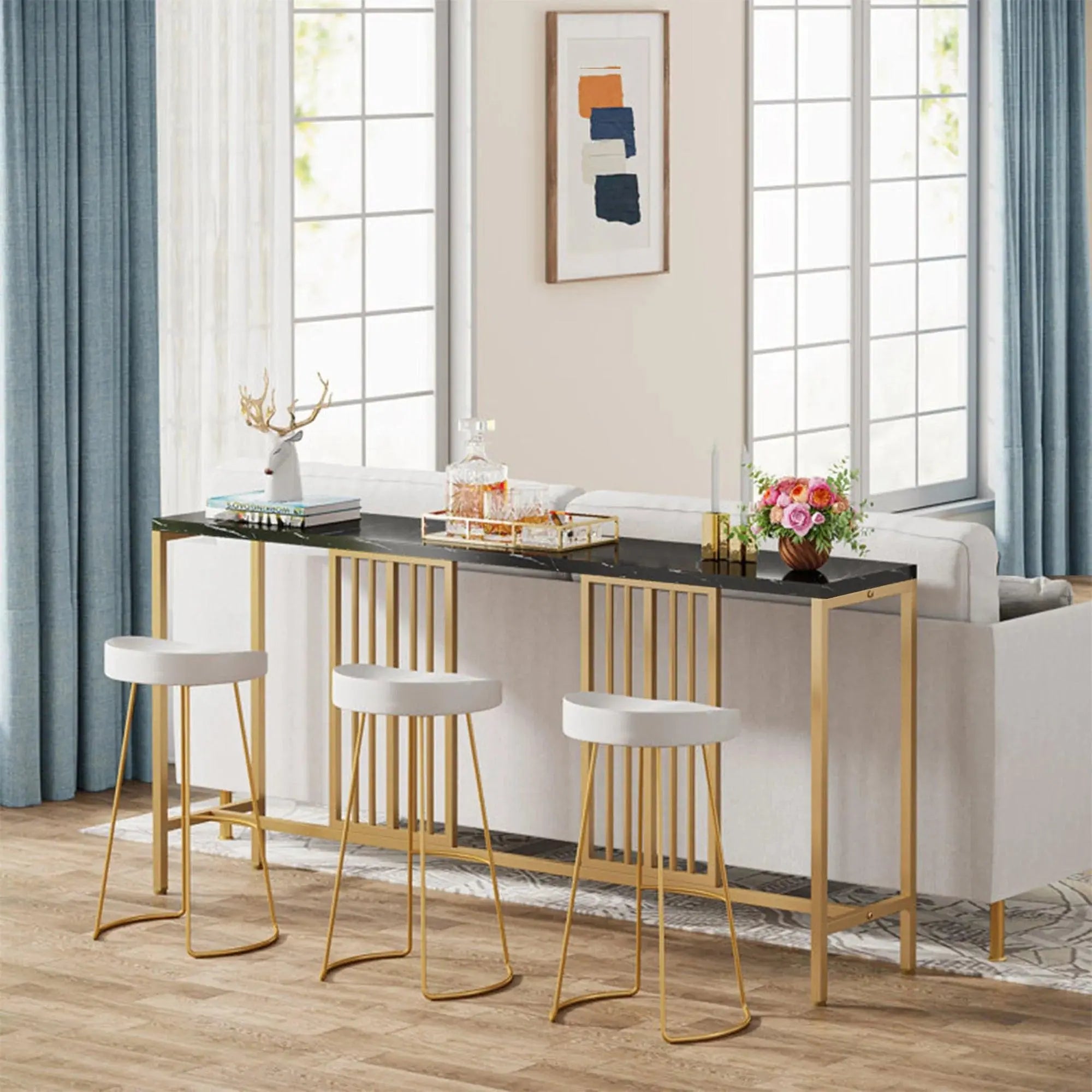 Narrow Long Faux Black Marble Gold Console Table - Decor Mantra 
