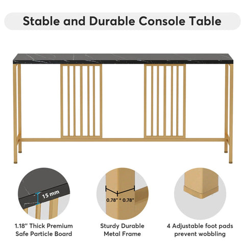 Narrow Long Faux Black Marble Gold Console Table - Decor Mantra 