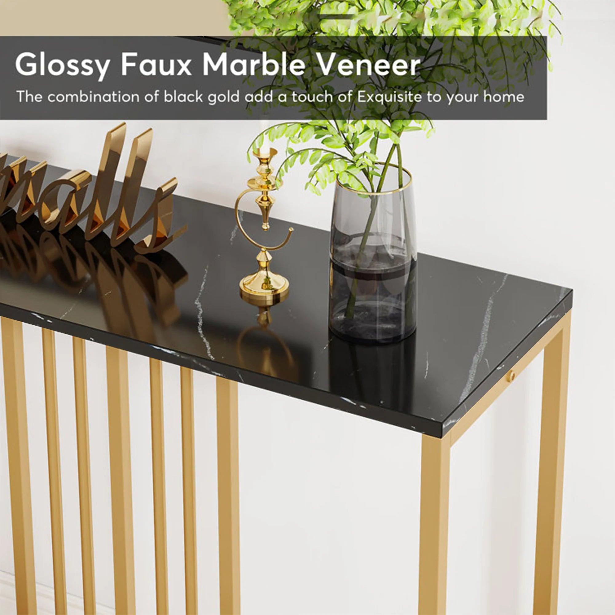 Narrow Long Faux Black Marble Gold Console Table - Decor Mantra 