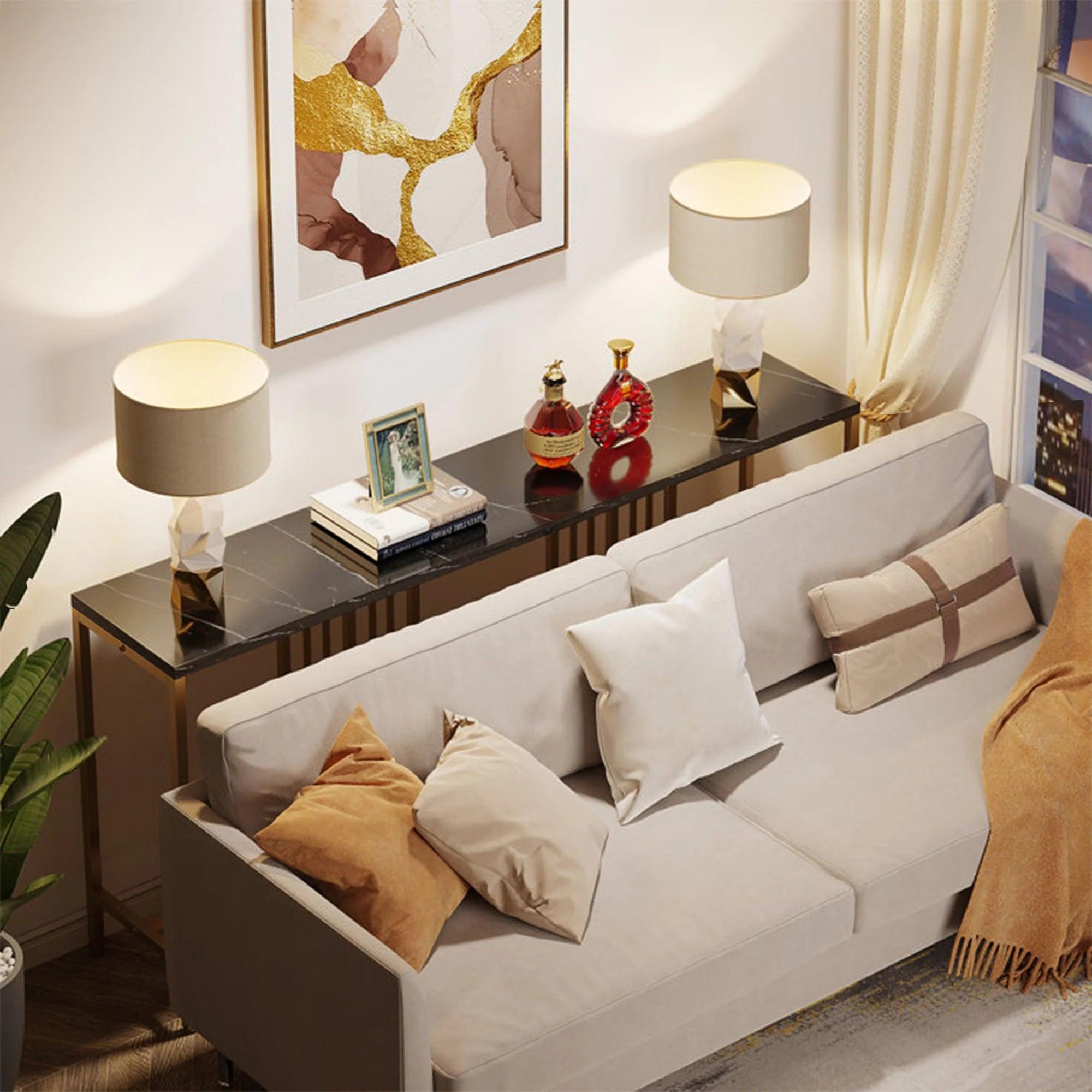 Narrow Long Faux Black Marble Gold Console Table - Decor Mantra 