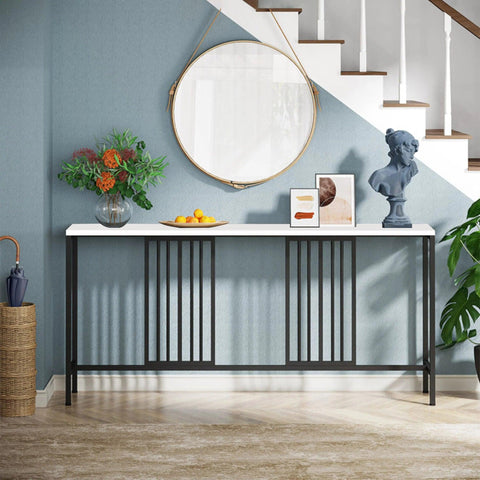 Narrow Long Faux White Marble Black Console Table - Decor Mantra 