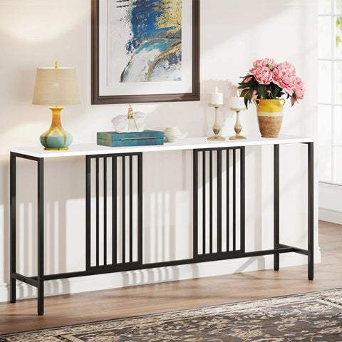 Narrow Long Faux White Marble Black Console Table - Decor Mantra 