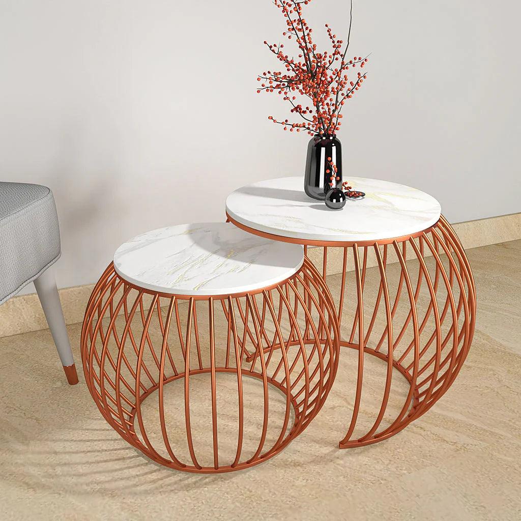 Ornate Round Copper Coffee Table Set of 2 - Decor Mantra 