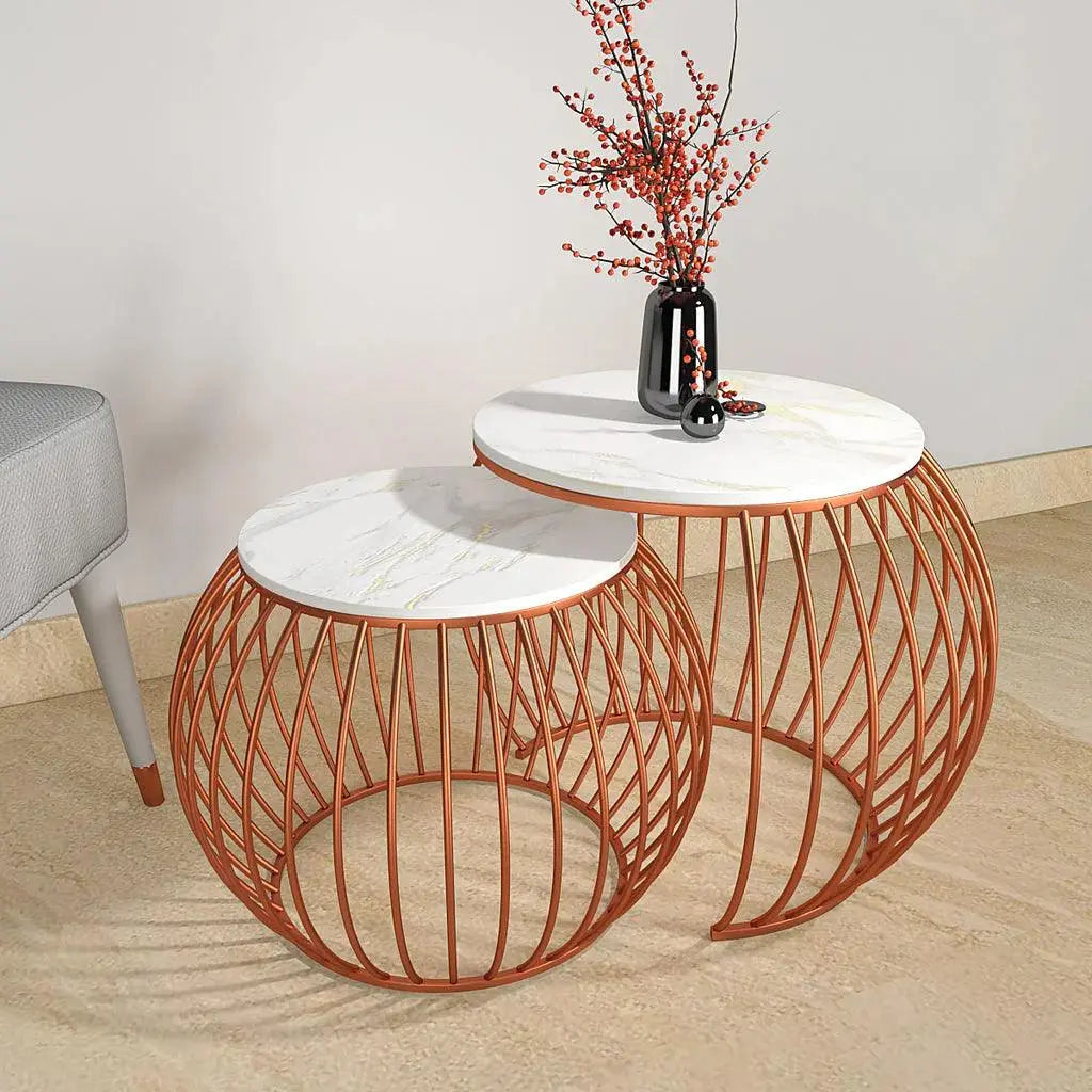 Ornate Round Copper Coffee Table Set of 2 - Decor Mantra 