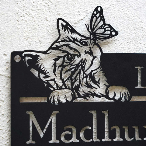 Personalized Cat Theme Metal Name Plate for Home | Weatherproof Design