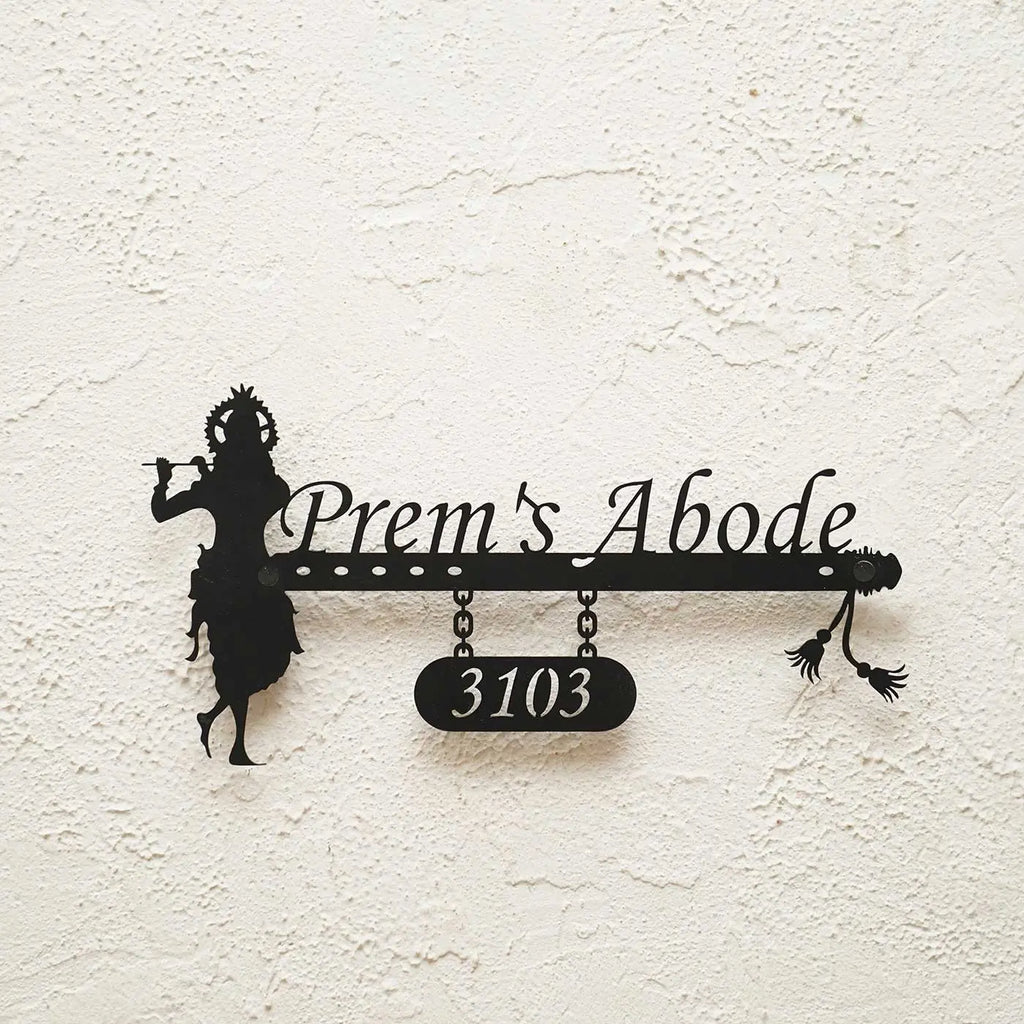 Personalized Krishna Metal Name Plate for Home | Weatherproof House Number Plate - Harshita Craft