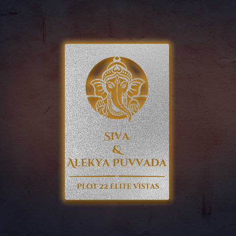 Personalized Laser Cut Ganesha Theme Metal Name Plate for Home – Vertical Steel Name Plate for Entrance & Outdoor