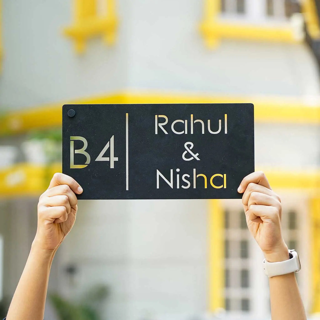 Personalized Rectangle Metal Name Plate for Home with House Number - Harshita Craft