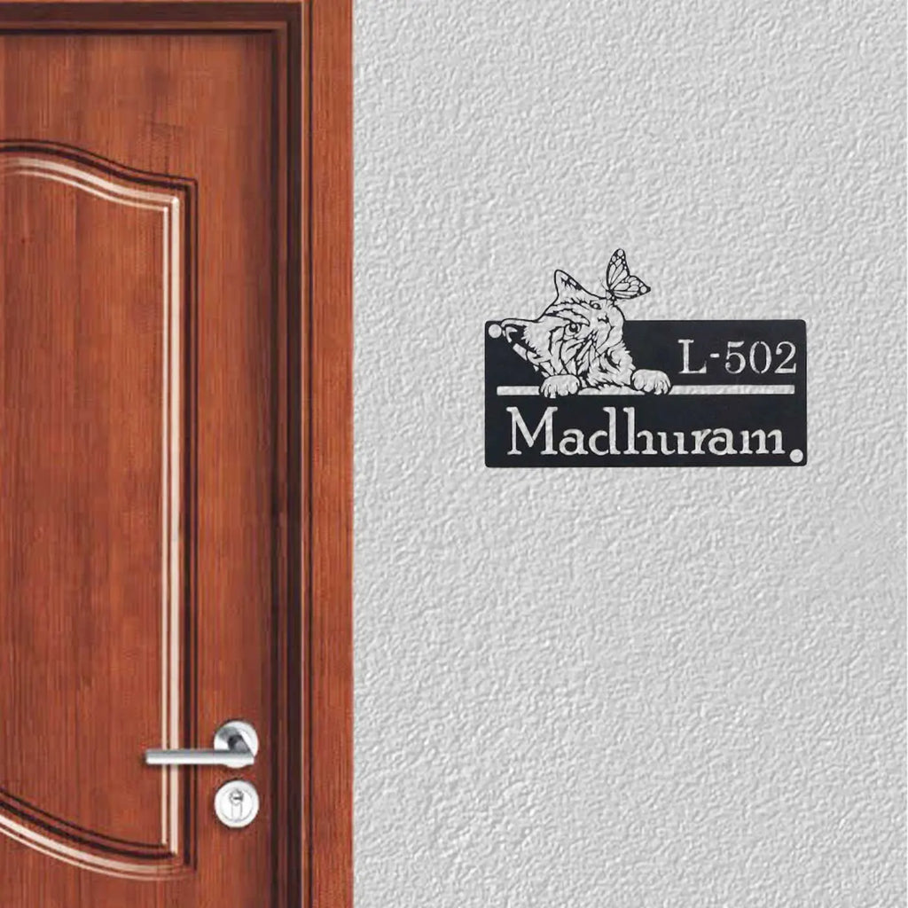 Personalized Cat Theme Metal Name Plate for Home | Weatherproof Design - Harshita Craft