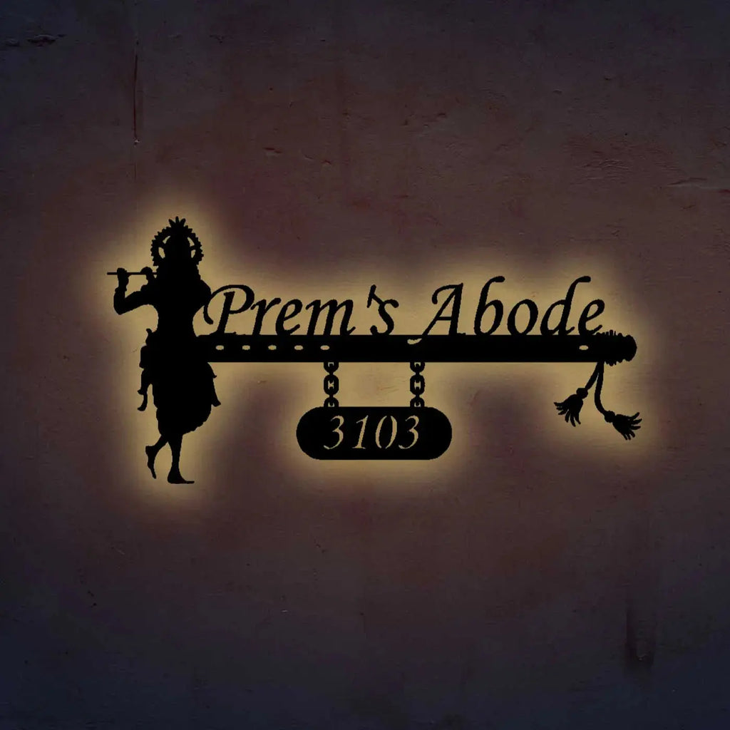 Personalized Krishna Metal Name Plate for Home | Weatherproof House Number Plate - Harshita Craft