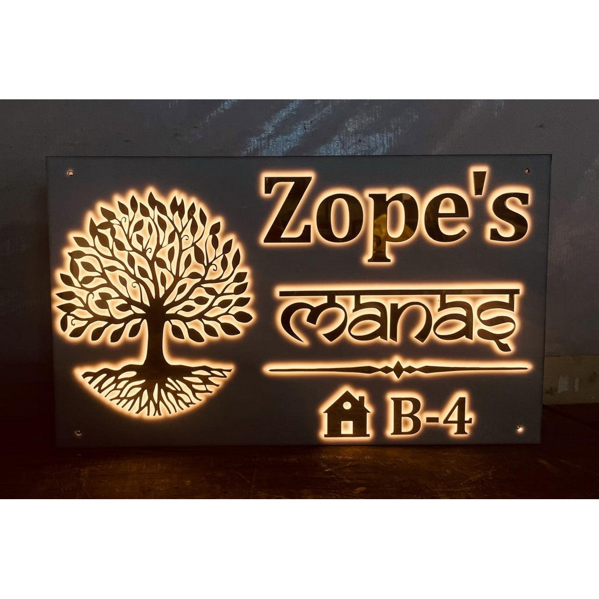 Tree Design Golden Acrylic LED Name Plate