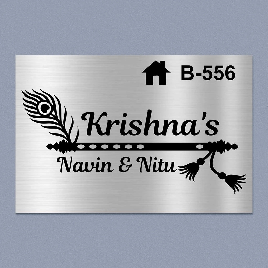 Personalized Stainless Steel Metal Name Plate for Home – Flute Theme | Premium Outdoor Name Plate - Harshita Craft