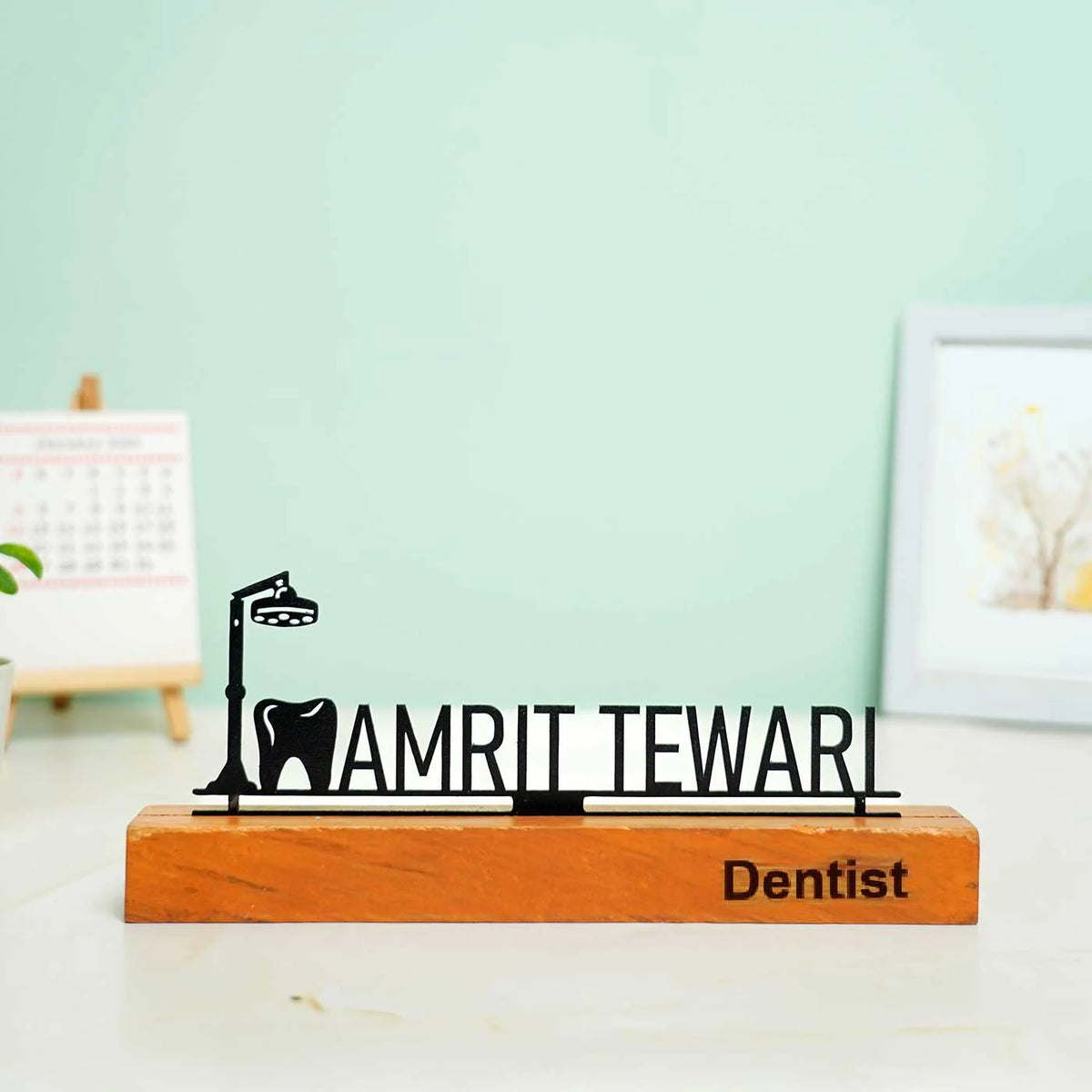 Personalized Minimal Desk Name Plate for Dentists – Metal & Wood