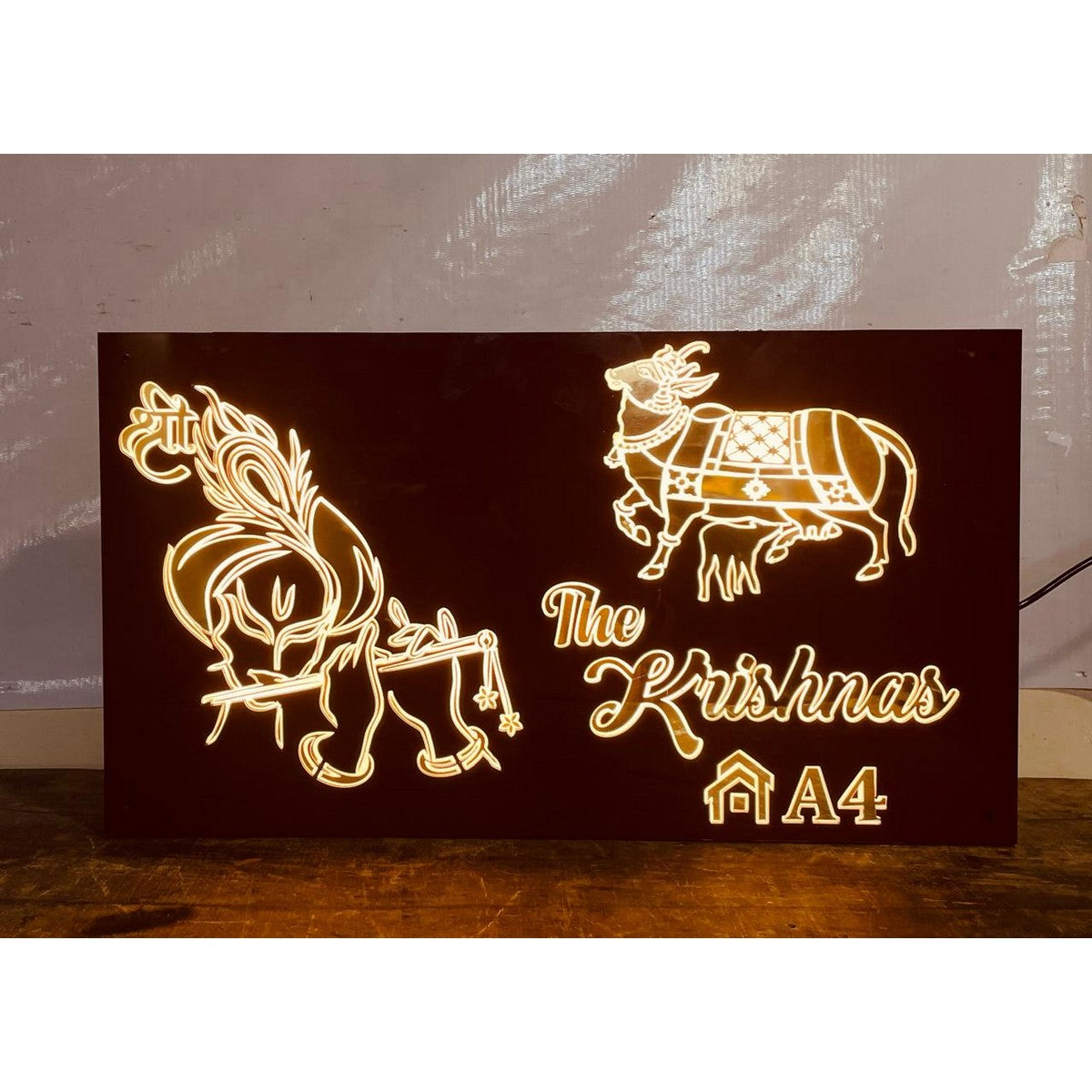 Brown Texture Acrylic Name Plate with Golden Embossed Letters & LED for Home