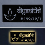 Personalized Waterproof Diya Design Laser Cut Metal LED Name Plate for Home Entrance - Harshita Craft