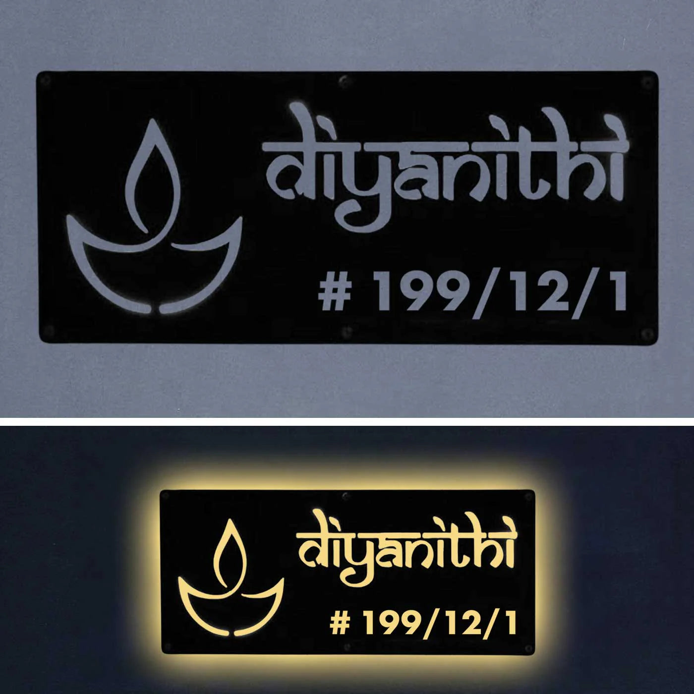 Personalized Waterproof Diya Design Laser Cut Metal LED Name Plate for Home Entrance - Harshita Craft