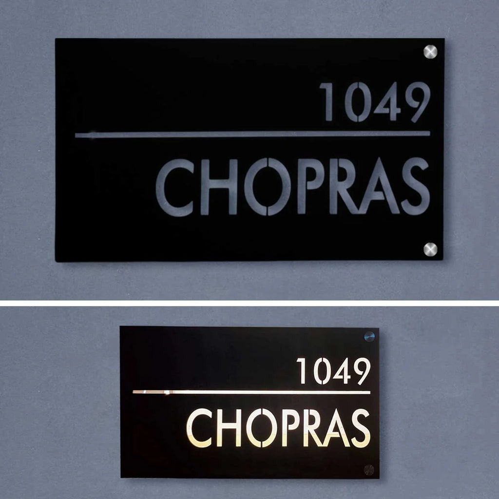 Personalized Waterproof Black Laser Cut Metal LED Name Plate for Home Entrance Outdoor - Harshita Craft