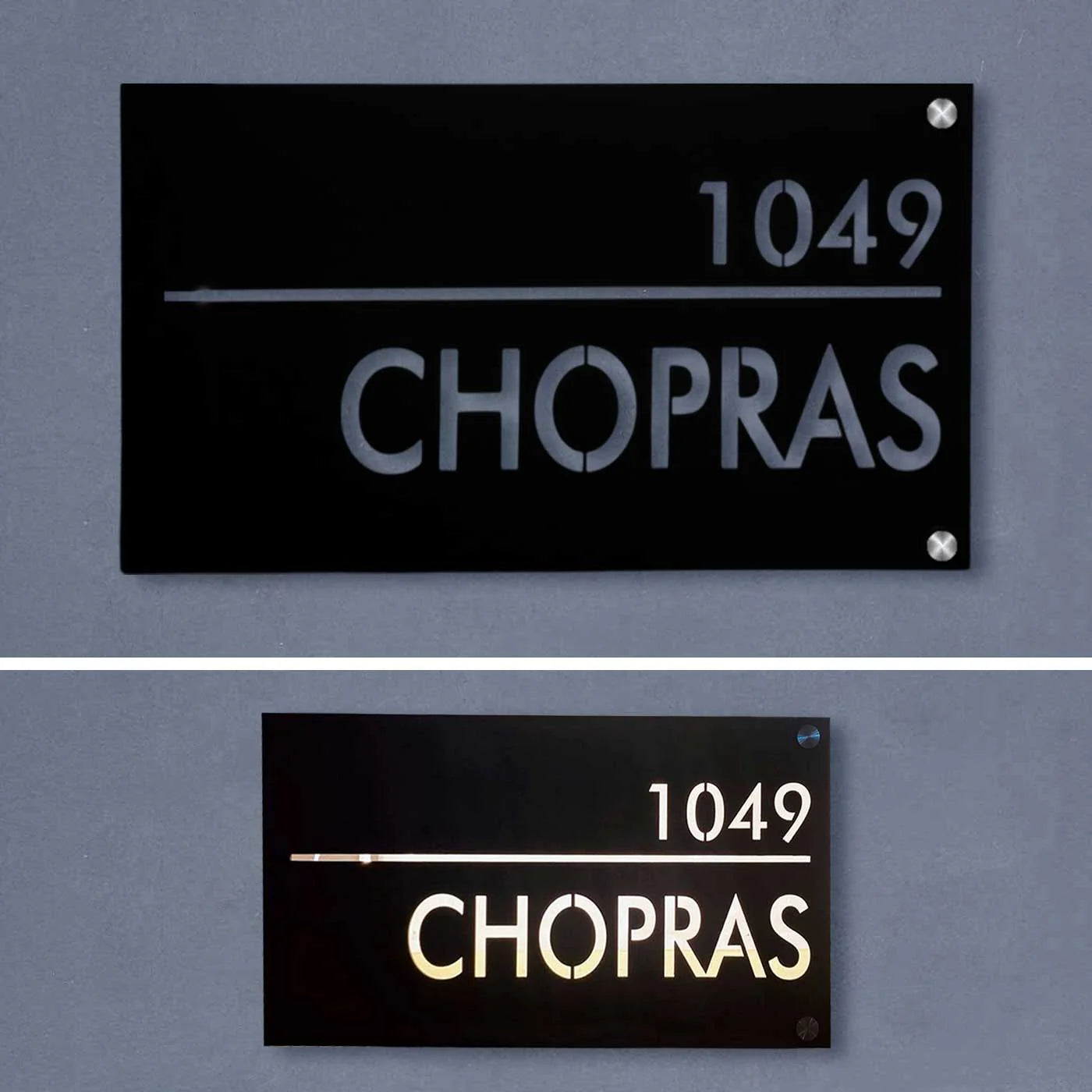 Personalized Waterproof Black Laser Cut Metal LED Name Plate for Home Entrance Outdoor - Harshita Craft