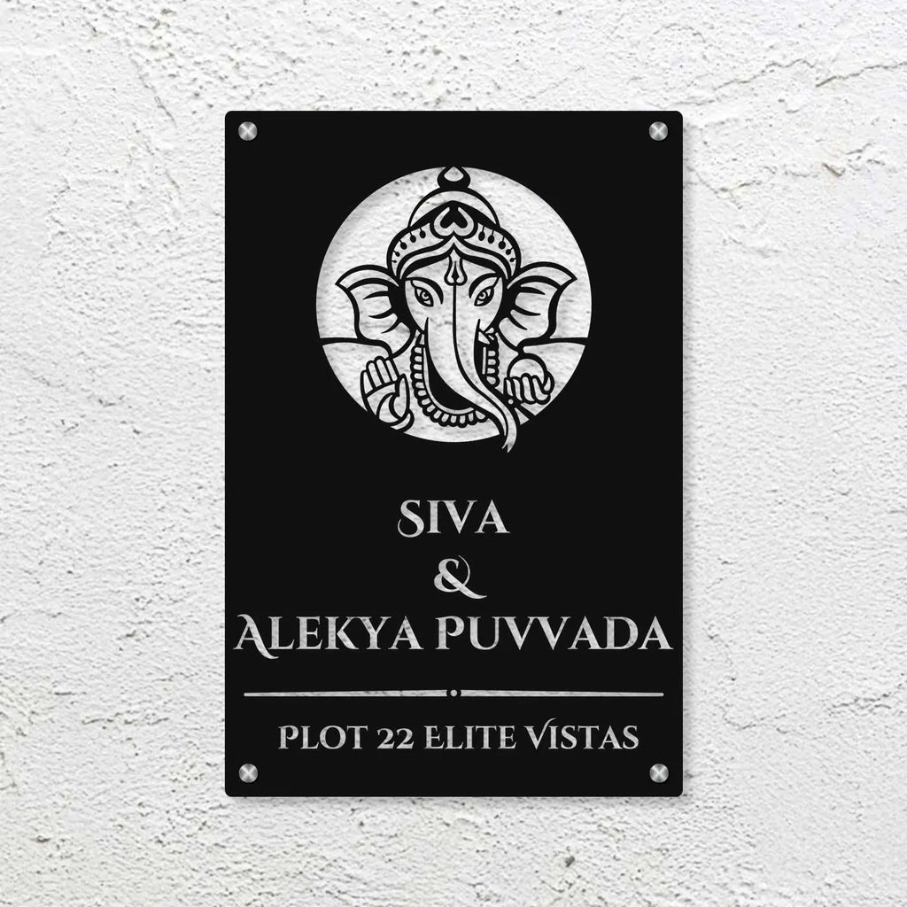 Personalized Laser Cut Ganesha Theme Metal Name Plate for Home – Vertical Steel Name Plate for Entrance & Outdoor - Harshita Craft