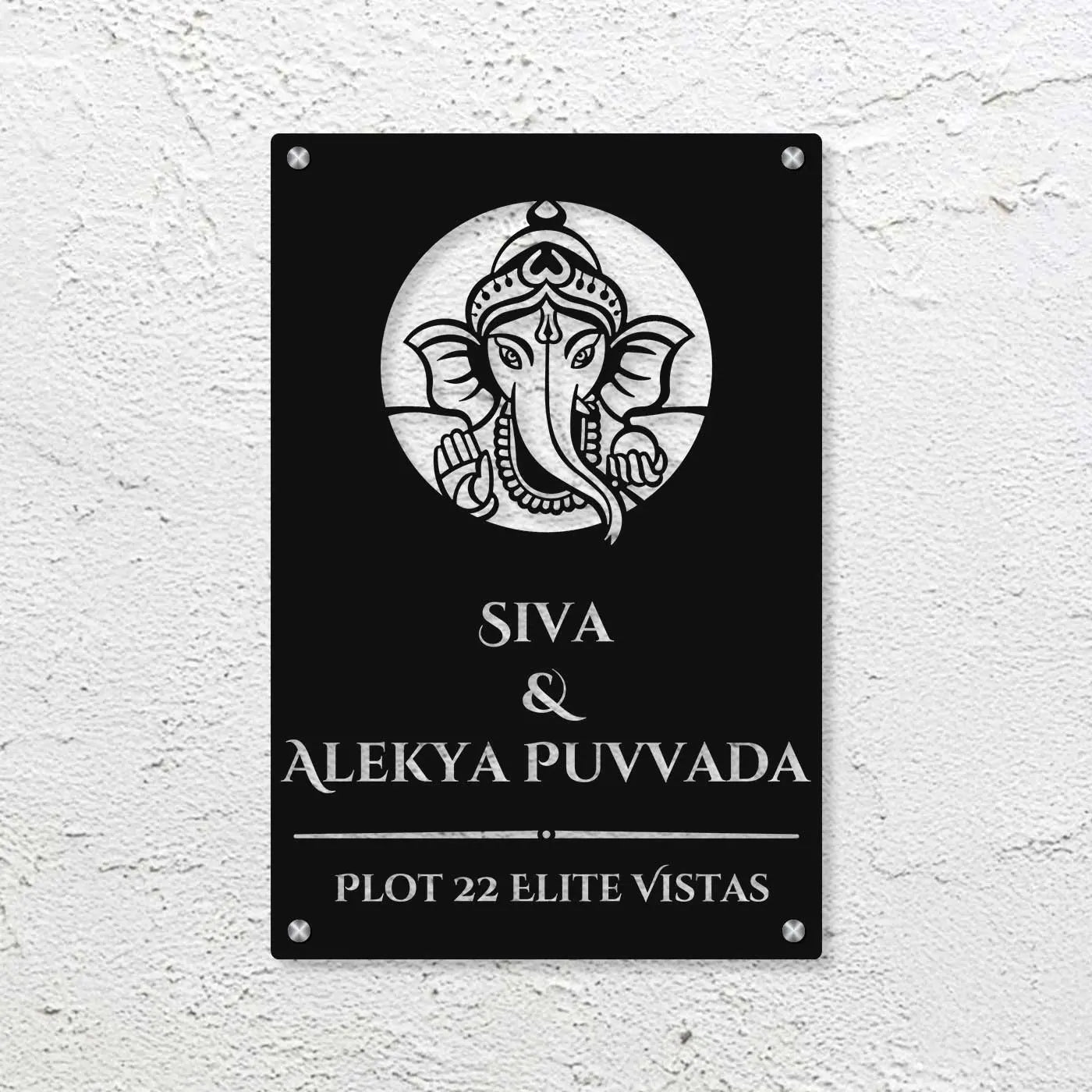 Personalized Laser Cut Ganesha Theme Metal Name Plate for Home – Vertical Steel Name Plate for Entrance & Outdoor - Harshita Craft