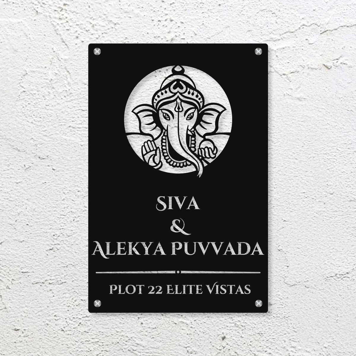 Personalized Laser Cut Ganesha Theme Metal Name Plate for Home – Vertical Steel Name Plate for Entrance & Outdoor