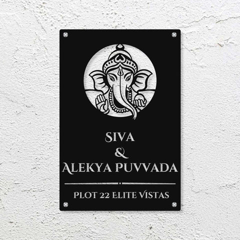 Personalized Laser Cut Ganesha Theme Metal Name Plate for Home – Vertical Steel Name Plate for Entrance & Outdoor