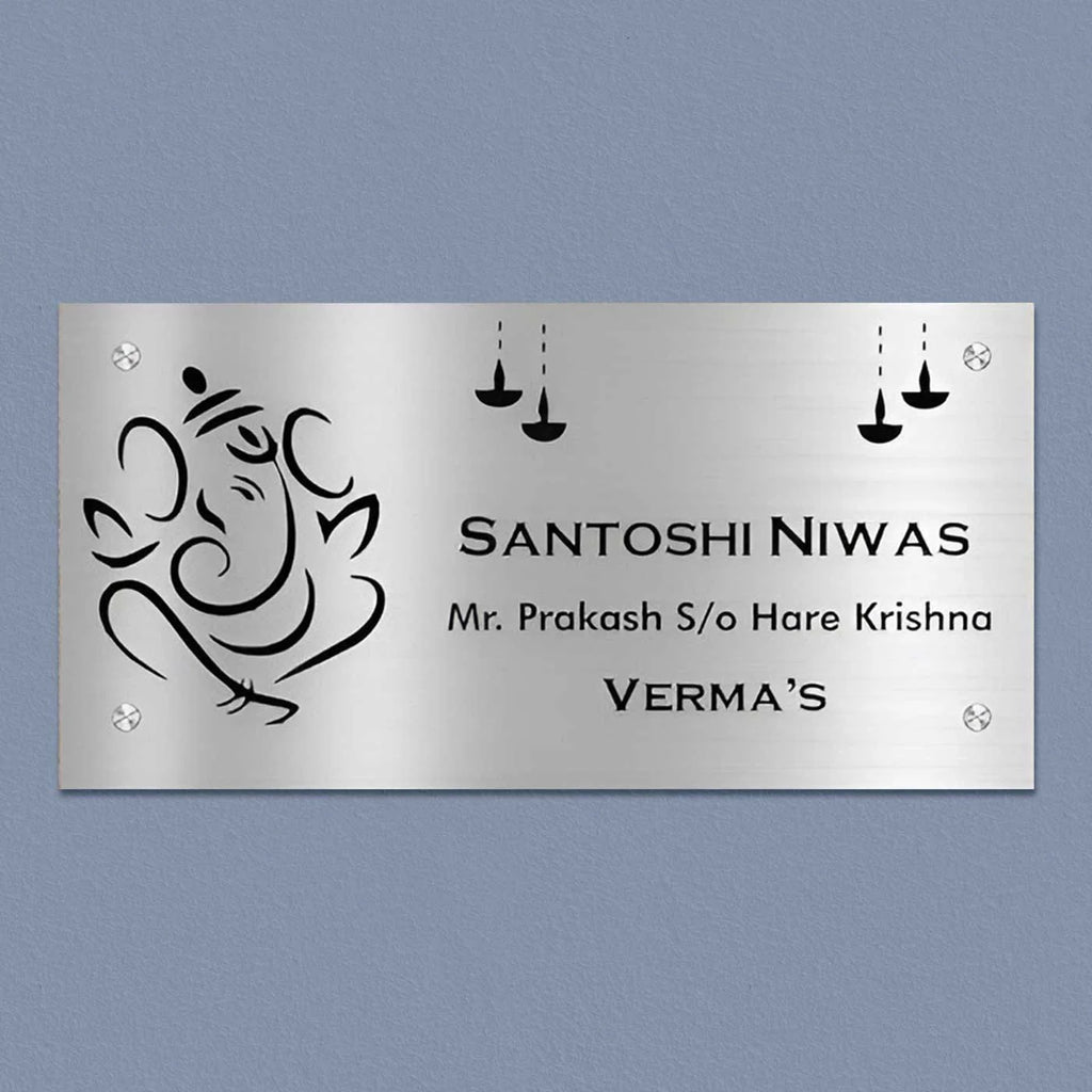 Personalized Ganesha & Diya Stainless Steel Metal Name Plate for Home | Custom Laser-Cut Design - Harshita Craft