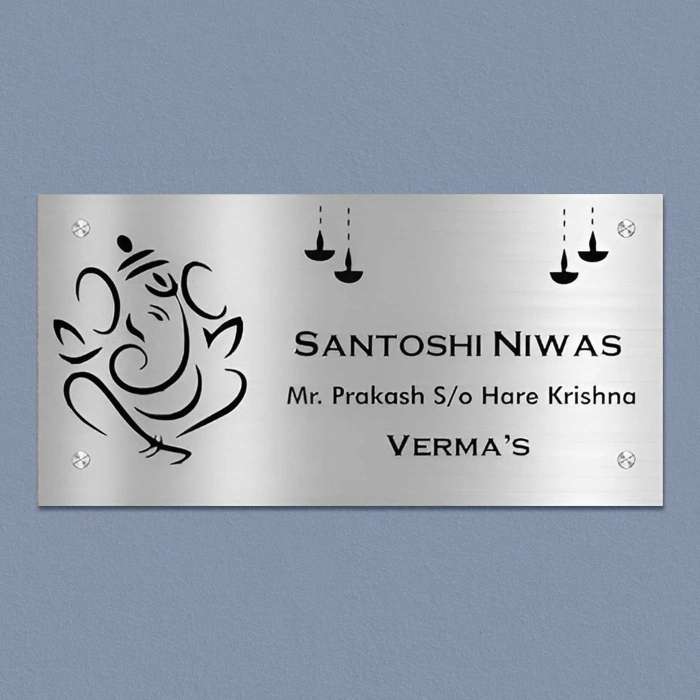 Personalized Ganesha & Diya Stainless Steel Metal Name Plate for Home | Custom Laser-Cut Design - Harshita Craft