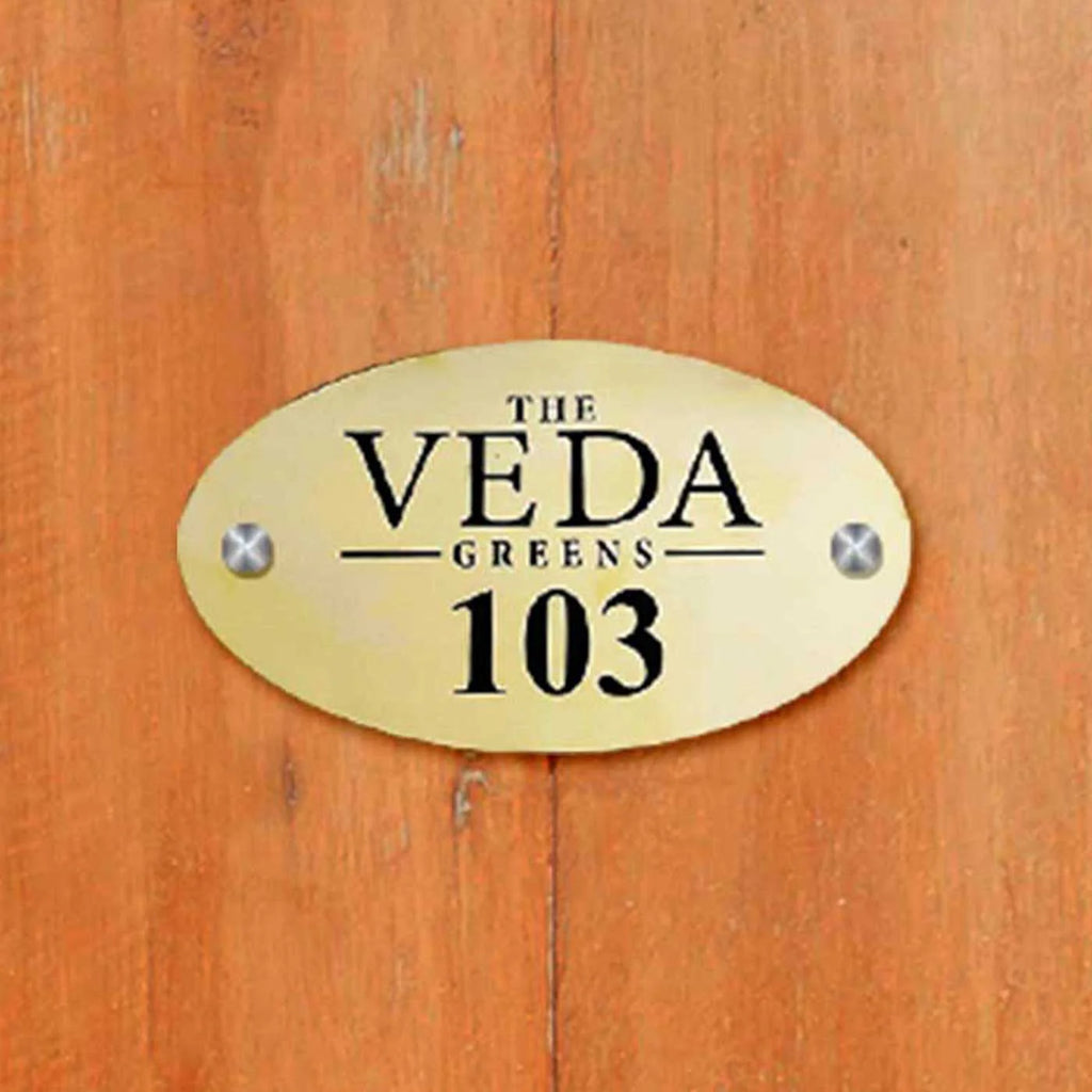 Personalized Small Waterproof Oval Golden Metal Name Plate for Home & Hotel Rooms - Harshita Craft