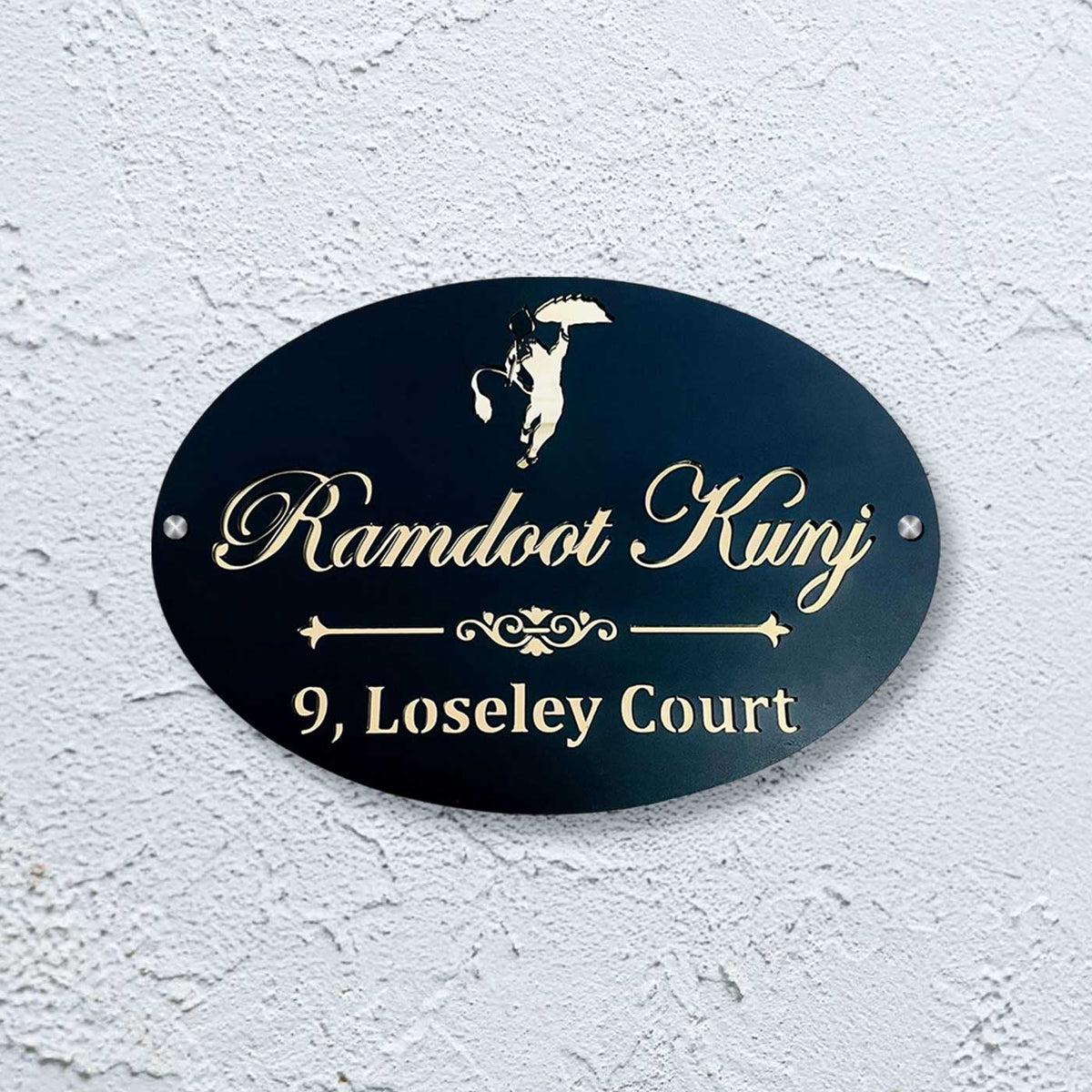 Personalized Hanuman Ji Black & Gold Metal Name Plate for Home