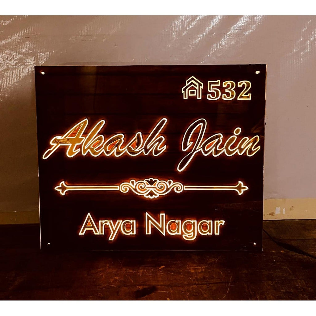 Wooden Finish Golden Acrylic LED Name Plate