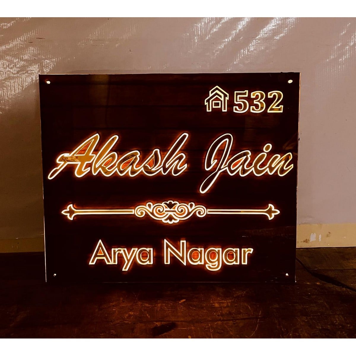 Wooden Finish Golden Acrylic LED Name Plate