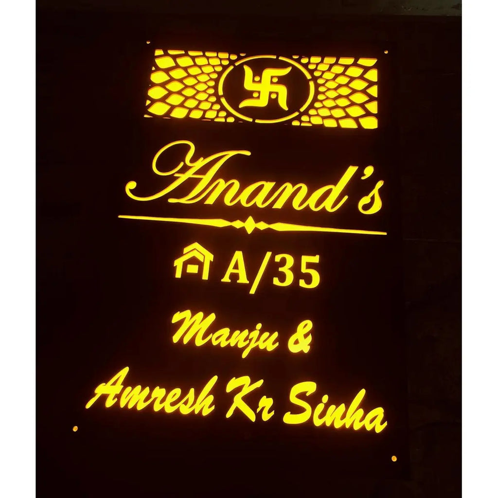 Acrylic Laser Cut LED House Name Plate with Yellow Lights – Custom Home Design - Harshita Craft