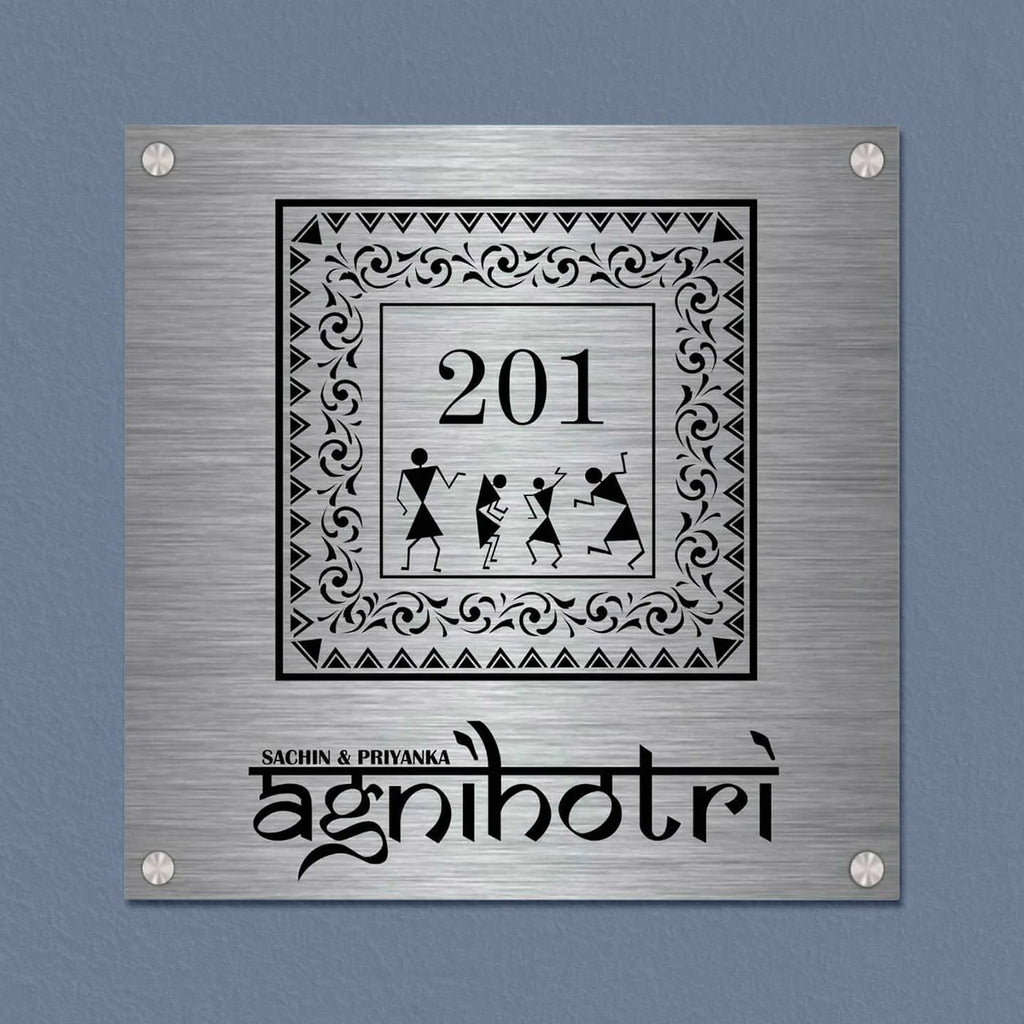 Personalized Warli Art Stainless Steel Metal Name Plate for Home Entrance - Harshita Craft