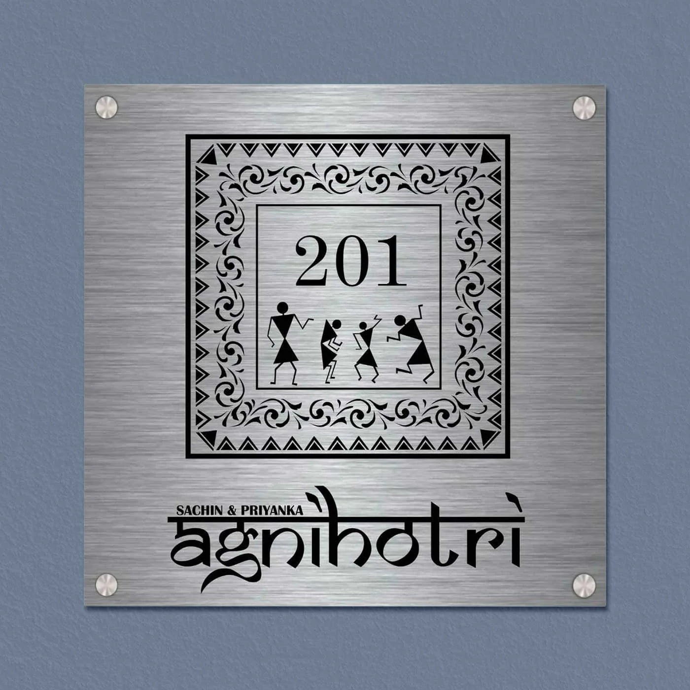 Personalized Warli Art Stainless Steel Metal Name Plate for Home Entrance - Harshita Craft