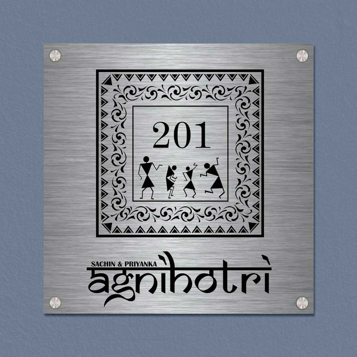 Personalized Warli Art Stainless Steel Metal Name Plate for Home Entrance
